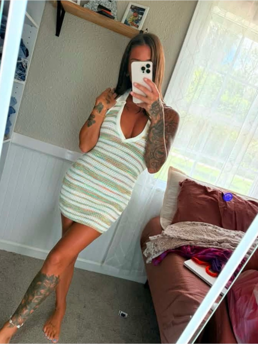 Striped Halter Knit Mini Dress - White Multicolor